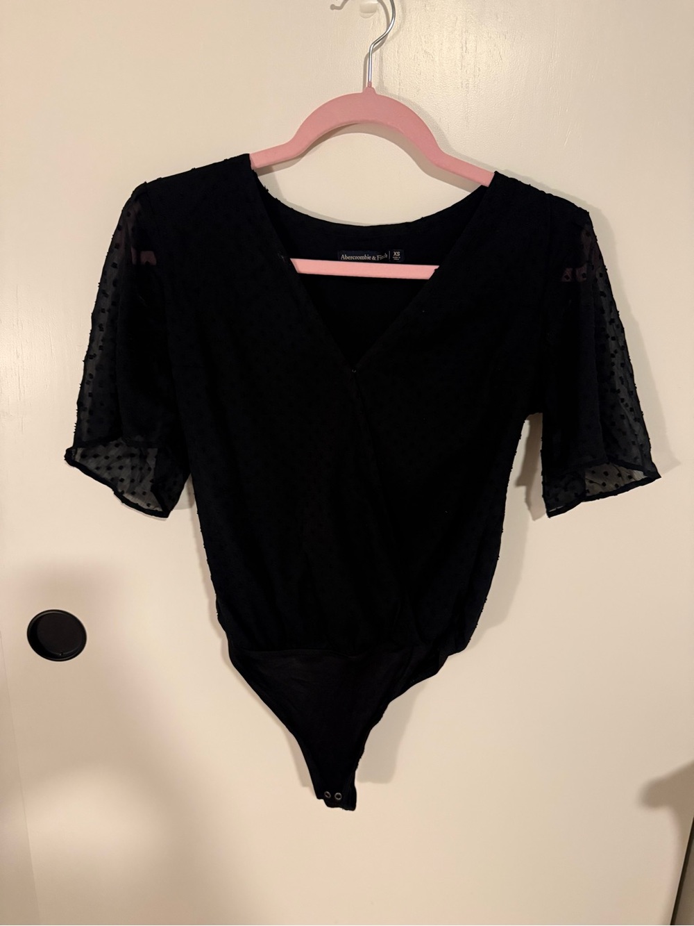 Abercrombie Black Sheer Dot Sleeve Wrap-Front Bodysuit